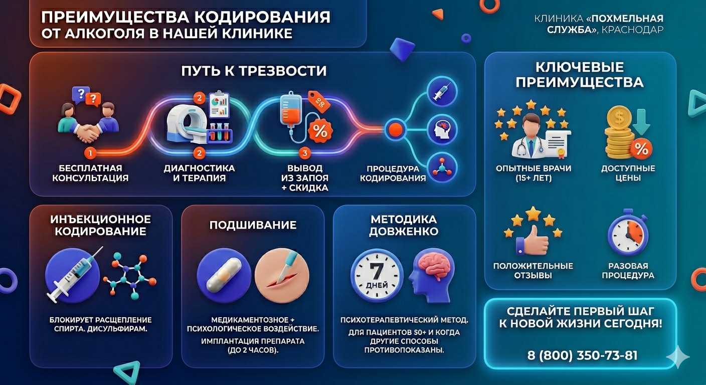 Инфографика о методах кодирования от алкоголя в Нерчинске: инъекции, подшивание, метод Довженко. Преимущества клиники и этапы лечения.